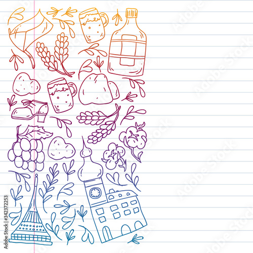 Vector pattern with symbols of Czech Republic. Set with tourism icons and landscapes elements. Travel to country. City, cathedral, building, European architecture. Illustration with landmarks