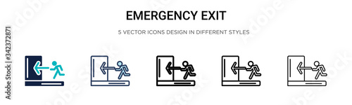 Emergency exit icon in filled, thin line, outline and stroke style. Vector illustration of two colored and black emergency exit vector icons designs can be used for mobile, ui, web