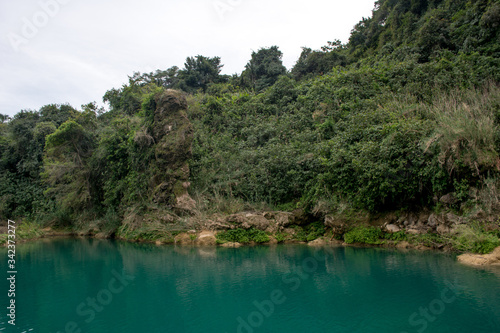 laguna de agua color turquesa rodeado de árboles en la selva en México en la Huasteca Potosina en San Luis Potosí