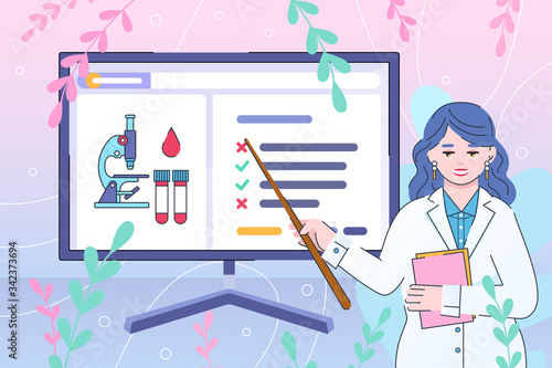 Online laboratory diagnostics - receive results diagnosis of blood. Doctor explains medical test results, point on PC display. Telemedicine and distance medicine concept - flat vector illustration