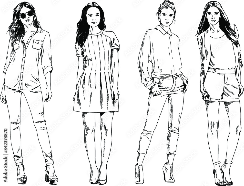 vector drawings on the theme of beautiful slim sporty girl in casual clothes in various poses painted ink hand sketch with no background