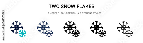 Two snow flakes icon in filled, thin line, outline and stroke style. Vector illustration of two colored and black two snow flakes vector icons designs can be used for mobile, ui, web