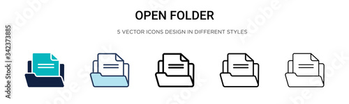 Open folder icon in filled, thin line, outline and stroke style. Vector illustration of two colored and black open folder vector icons designs can be used for mobile, ui, web