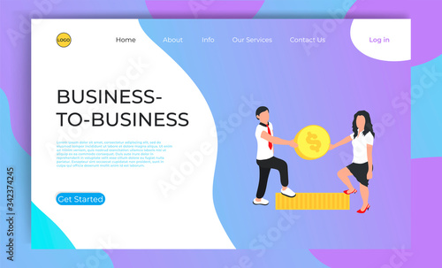 Design landing page for B2B  marketing. Man and woman business to business concept. Modern flat mobile website page. Vector illustration for sale poster, banner, flyer template