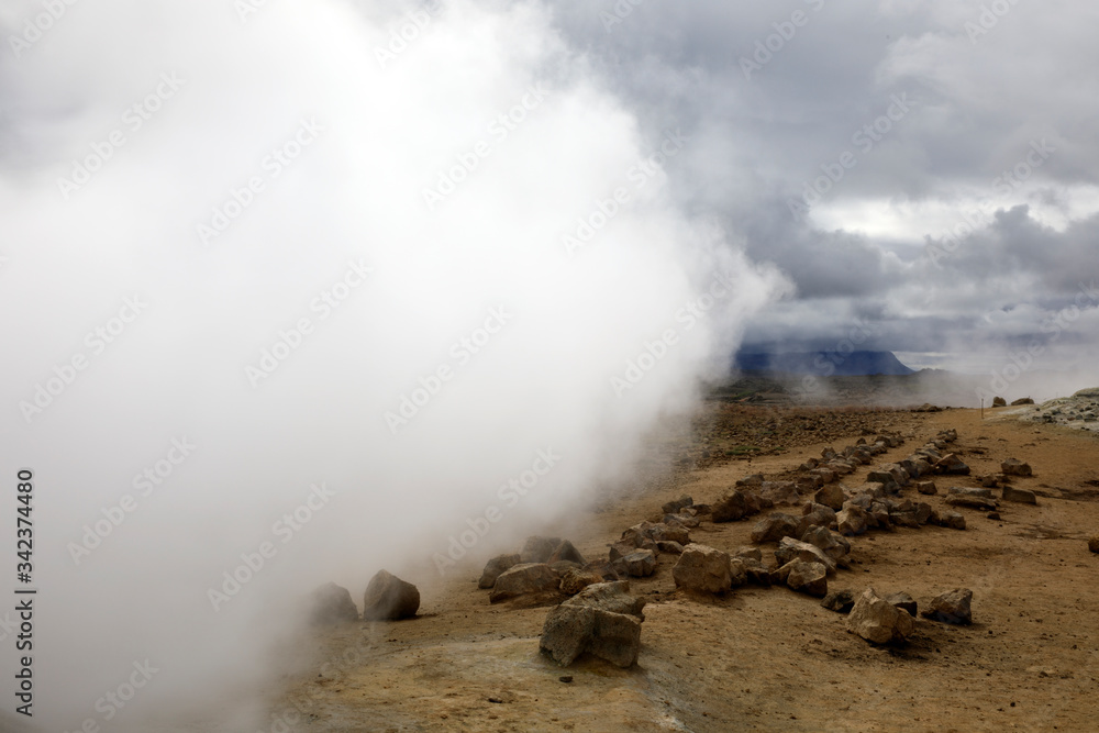 Hverir / Iceland - August 30, 2017: Hverir fumarole area near Namafjall mountain, Myvatn Lake area, Iceland, Europe Hverir / Iceland - August 30, 2017: Hverir fumarole area near Namafjall mountain, Myvatn Lake area, Iceland, Europe