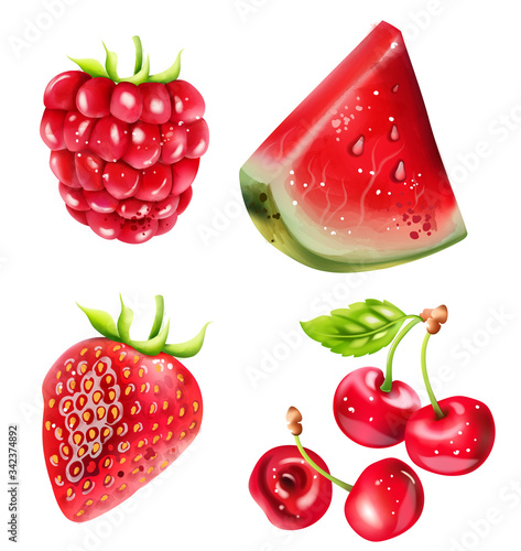 Set of Summer berries fruits with watermelon, cherry and strawberry