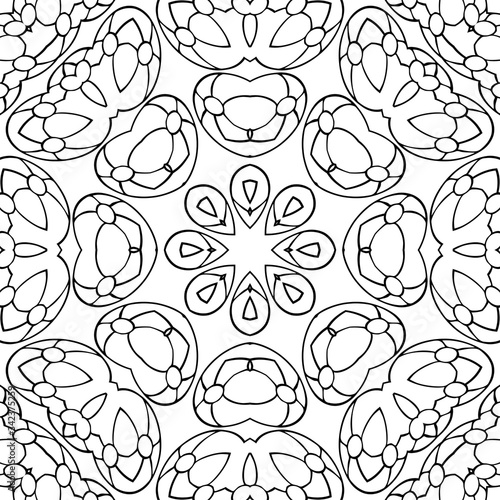 Geometric mandala coloring page for kids and adults. Seamless pattern, relax ornament. Meditative drawing coloring book. Kaleidoscope template for design work.