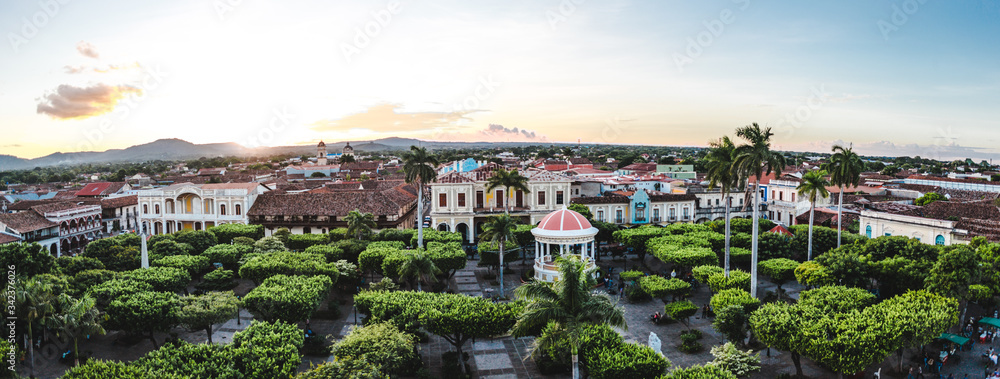 Panoramic view over the colonial architecture and main square of Parque Central de Granada, Nicaragua