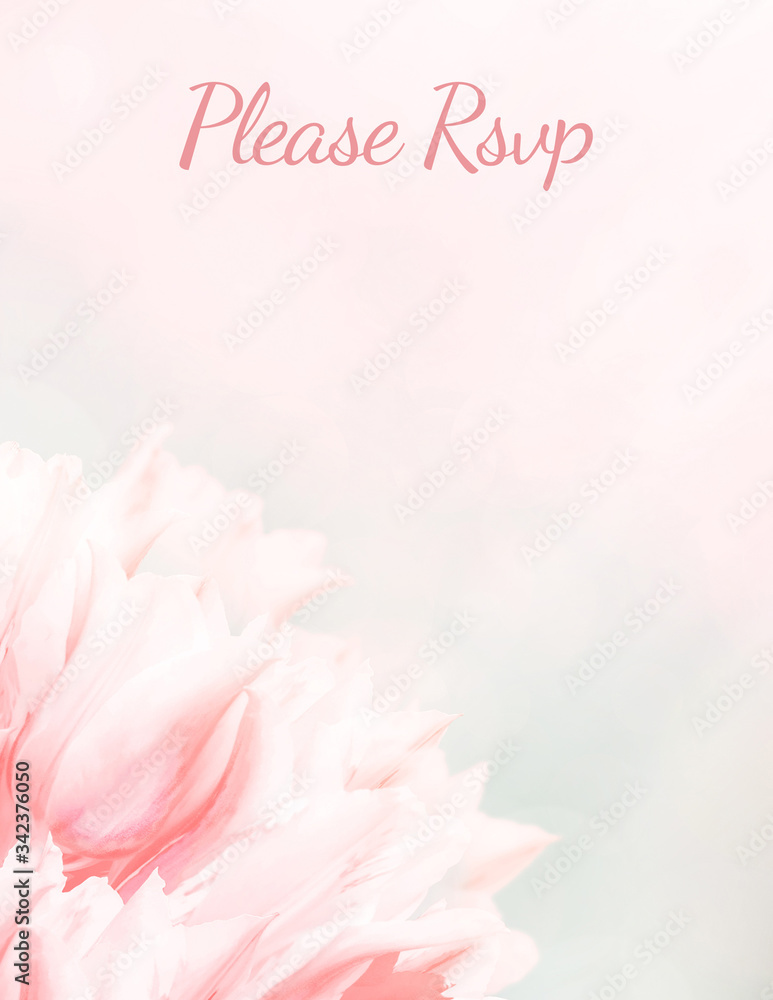 Wedding invitation card, save the date, RSVP, pink tulips, standart size A6. Greeting or invite card, elegant clear design template, light blur background.