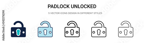Padlock unlocked icon in filled, thin line, outline and stroke style. Vector illustration of two colored and black padlock unlocked vector icons designs can be used for mobile, ui, web
