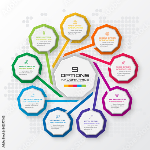 Nonagon infographic,Colorful template with 9 options,Vector illustration.