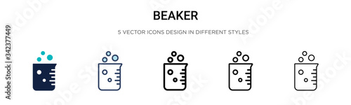 Beaker icon in filled, thin line, outline and stroke style. Vector illustration of two colored and black beaker vector icons designs can be used for mobile, ui, web