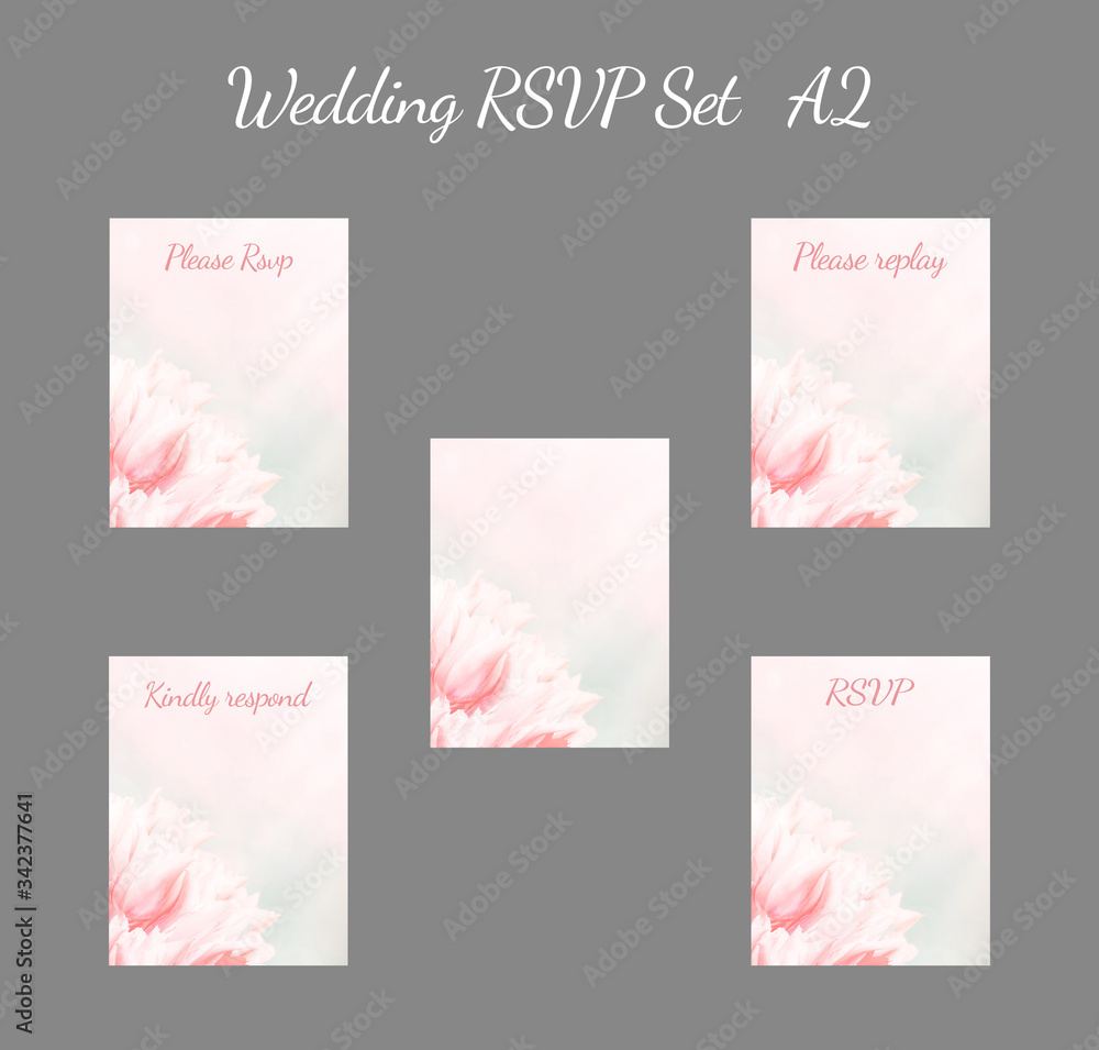 Wedding RSVP card, pink tulips, vertical size A2. Greeting, invite card, elegant clear design template, light blur background.