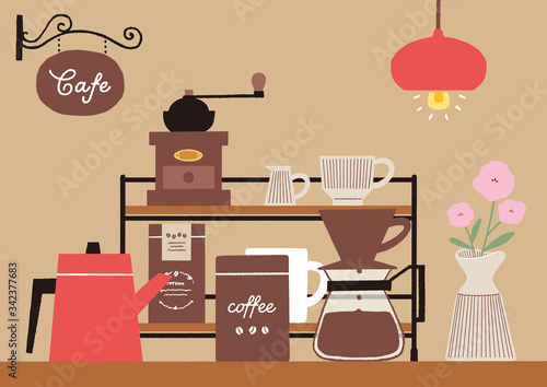 カフェの一角の手描きイラスト
