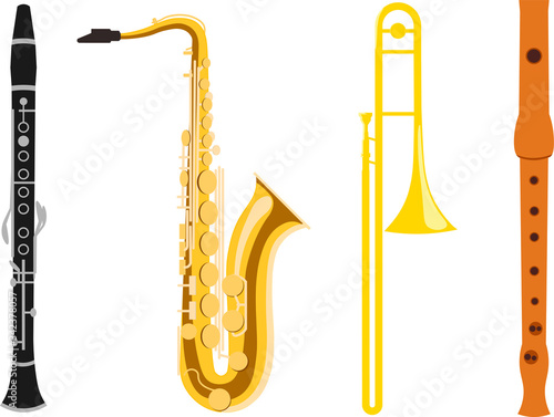 Set of wind instruments. Vector musical instruments. Brass. Pipe, saxophone, clarinet.