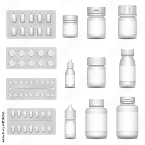3d blank template medical packaging for pill and liquid medication: spray bottles, container for drug, medicine jar with cap. Set of white blisters realistic icons with pills and capsules.
