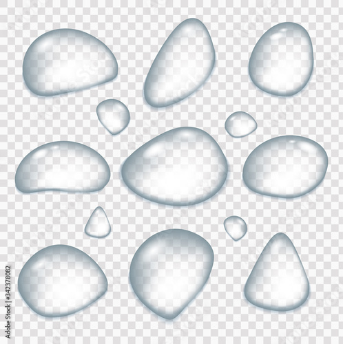 Realistic water drops, drops after the rain. Set of crystal clear bubble droplets. 3d rain drops are shown. 