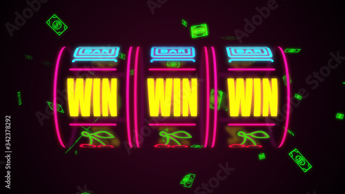 neon casino slot machine spinning, money flying after win combination