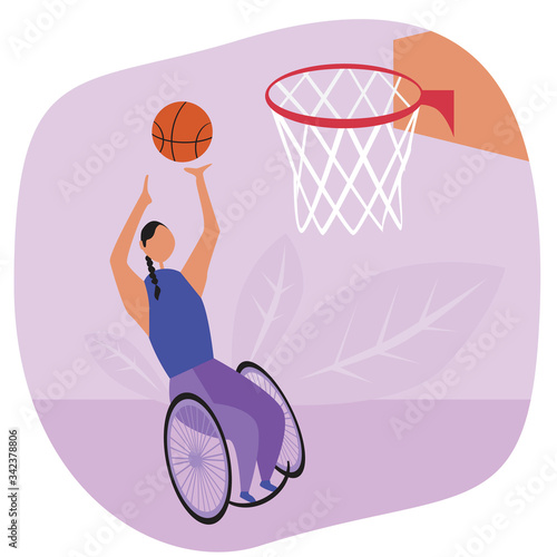 Wheelchair user playing basketball and basketball hoop, flat vector stock illustration with player, ball and plants or leaves as competition concept