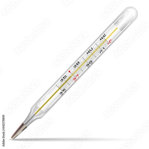 Glass mercury thermometer. An old-style device for measuring the temperature of the human body. Isolated on a white background. Realistic vector illustration.