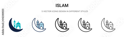Islam icon in filled, thin line, outline and stroke style. Vector illustration of two colored and black islam vector icons designs can be used for mobile, ui, web