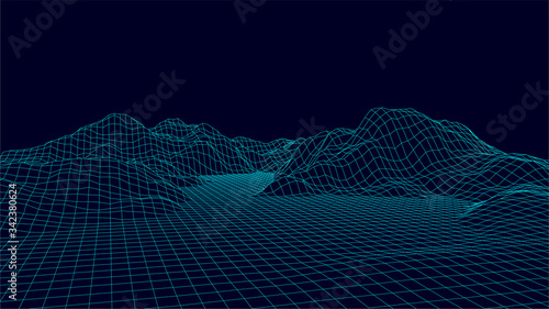 Abstract digital polygonal wireframe landscape. Vector mesh illustration on dark background.