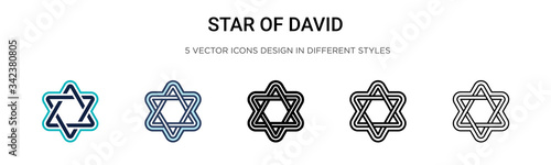 Star of david icon in filled, thin line, outline and stroke style. Vector illustration of two colored and black star of david vector icons designs can be used for mobile, ui, web