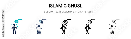 Islamic ghusl icon in filled, thin line, outline and stroke style. Vector illustration of two colored and black islamic ghusl vector icons designs can be used for mobile, ui, web