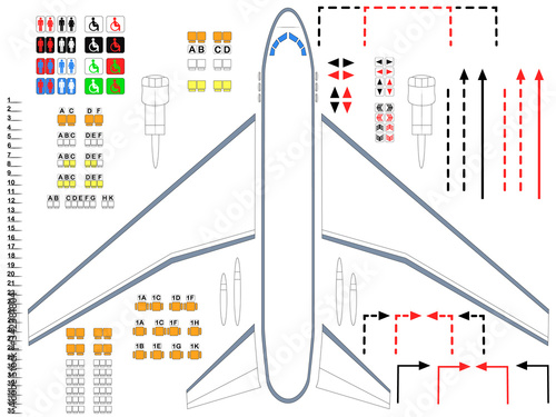 Plane. Illustration of airplane parts for the assembly of the cabin. A universal set of airplane fragments that can be used as a background for training, fact-finding brochures.