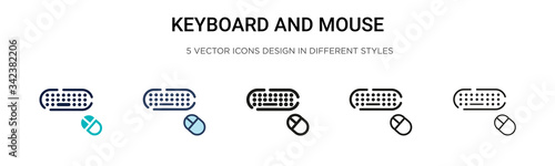 Keyboard and mouse icon in filled, thin line, outline and stroke style. Vector illustration of two colored and black keyboard and mouse vector icons designs can be used for mobile, ui, web