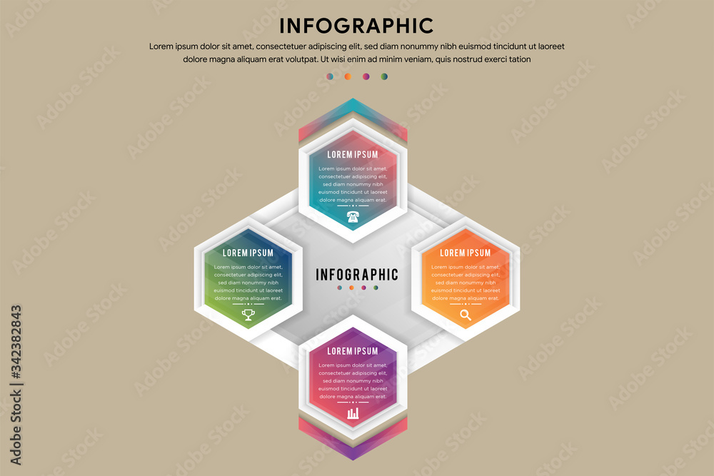 Vector illustration infographic template with 3D hexagons paper label, business template for presentation. Creative concept for infographic, diagram, flowchart, workflow layout, content, steps, chart. Vector illustration infographic template with 3D hexagons paper label, business template for presentation. Creative concept for infographic, diagram, flowchart, workflow layout, content, steps, chart.