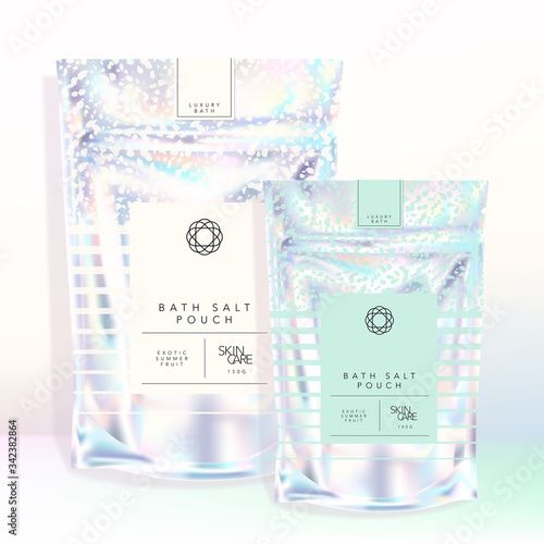 Vector Marble Pattern Holographic Iridescent Resealable Pouch Sachet Food Snack Bath Salts Fizzers Cosmetics Toiletires Gift Stationery Aromatherapy Fashion Accessory Trendy Chic Packaging
