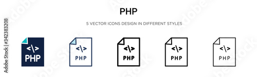 Php icon in filled, thin line, outline and stroke style. Vector illustration of two colored and black php vector icons designs can be used for mobile, ui, web