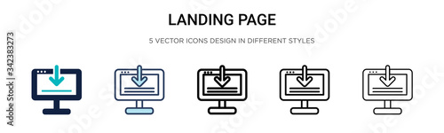 Landing page icon in filled, thin line, outline and stroke style. Vector illustration of two colored and black landing page vector icons designs can be used for mobile, ui, web