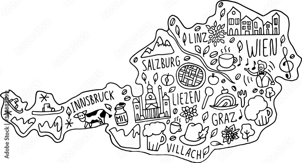 Fototapeta premium Funny hand drawn doodle map of Austria. names of main cities, main attractions and landmarks, and geographical names on the map.