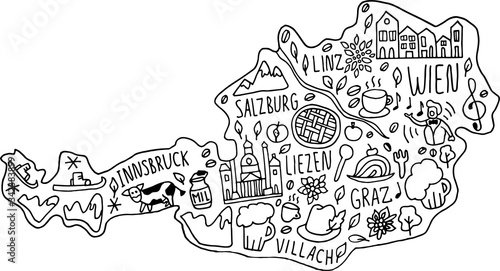 Funny hand drawn doodle map of Austria. names of main cities, main attractions and landmarks, and geographical names on the map.