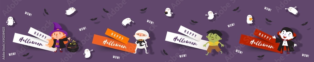 Fototapeta premium Hello Halloween, set paper cut banners with cute witch, vampire, ghost, zombie, mummy, bats. Isolated vector clip art with Halloween characters for festive design