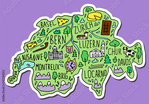 Colored Sticker of  hand drawn doodle Switzerland map. Swiss city names lettering and cartoon landmarks, tourist attractions cliparts.