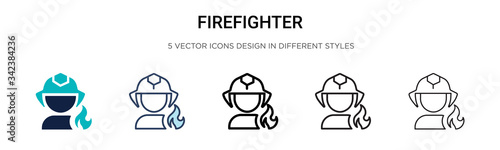 Firefighter icon in filled, thin line, outline and stroke style. Vector illustration of two colored and black firefighter vector icons designs can be used for mobile, ui, web