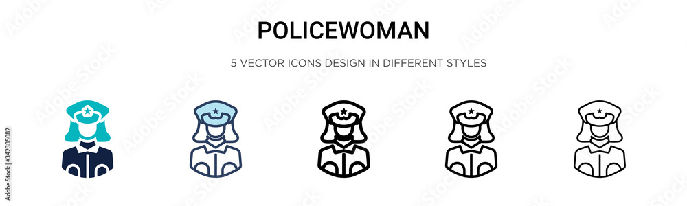 Policewoman icon in filled, thin line, outline and stroke style. Vector illustration of two colored and black policewoman vector icons designs can be used for mobile, ui, web