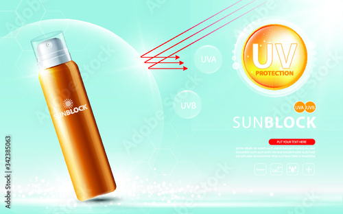 Sunblock ads template, sun protection cosmetic products design with moisturizer cream or liquid, sparkling background with glitter polka, vector design.