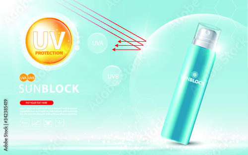 Sunblock ads template, sun protection cosmetic products design with moisturizer cream or liquid, sparkling background with glitter polka, vector design.