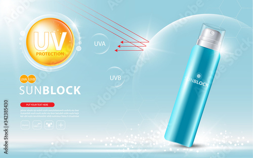 Photos Sunblock ads template, sun protection cosmetic products design with moisturizer cream or liquid, sparkling background with glitter polka, vector design