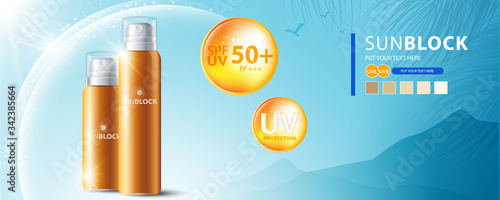 Sunblock ads template, sun protection cosmetic products design with moisturizer cream or liquid, sparkling background with glitter polka, vector design.