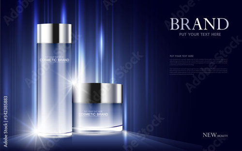 cosmetic product poster, bottle package design with moisturizer cream or liquid, sparkling background with glitter polka, vector design.