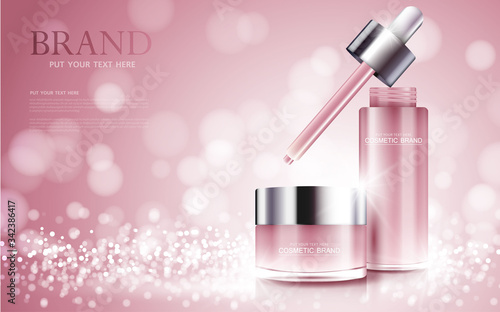 cosmetic product poster, bottle package design with moisturizer cream or liquid, sparkling background with glitter polka, vector design.