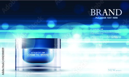 cosmetic product poster, bottle package design with moisturizer cream or liquid, sparkling background with glitter polka, vector design.