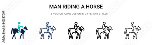 Man riding a horse icon in filled, thin line, outline and stroke style. Vector illustration of two colored and black man riding a horse vector icons designs can be used for mobile, ui, web