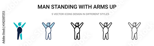 Man standing with arms up icon in filled, thin line, outline and stroke style. Vector illustration of two colored and black man standing with arms up vector icons designs 
