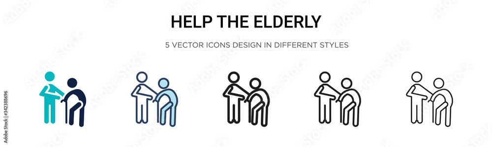 Help the elderly icon in filled, thin line, outline and stroke style. Vector illustration of two colored and black help the elderly vector icons designs can be used for mobile, ui, web